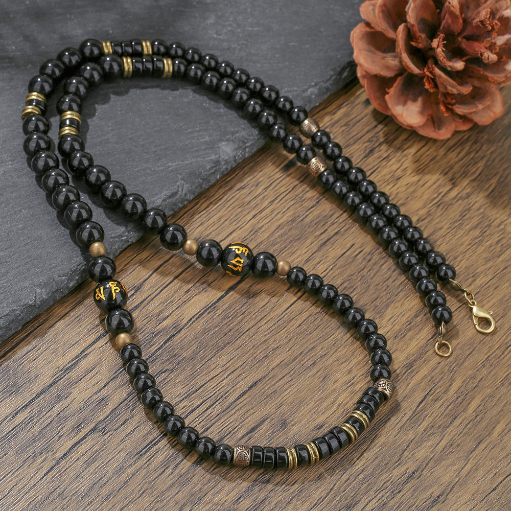 Vintage Ethnic Geometric Wood Necklace with Black Agate and Alloy Pendant for Men
