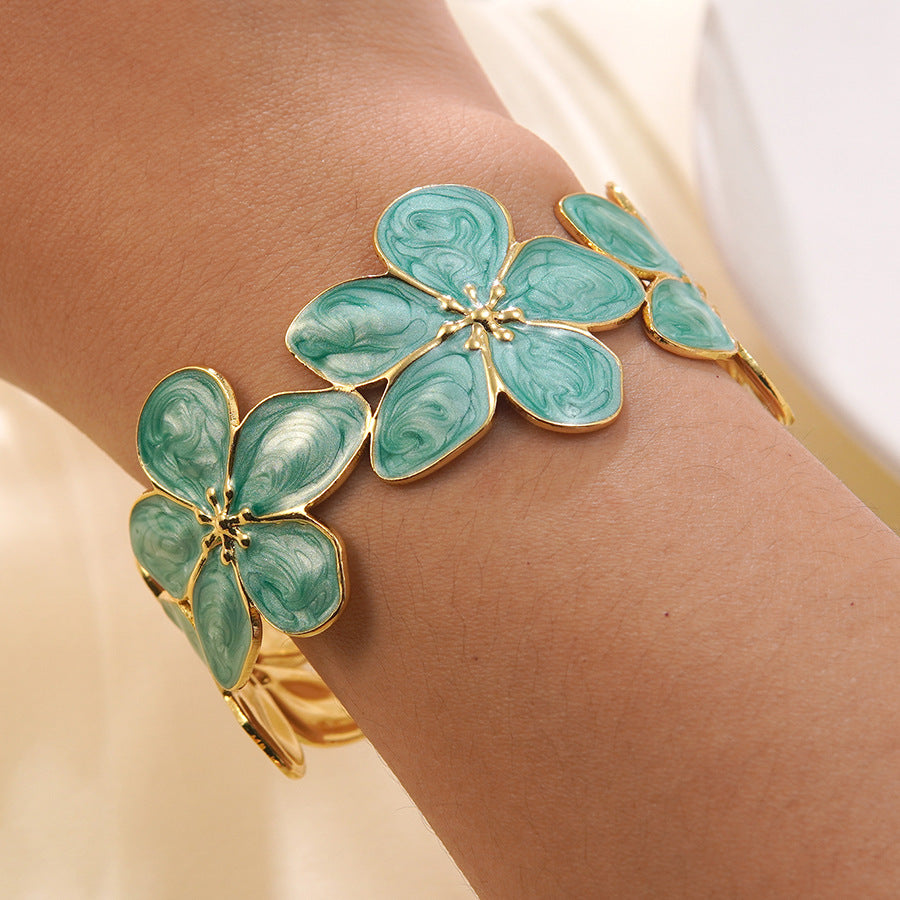 Geometric Floral Drip Oil Stainless Steel Open Cuff Bracelet for Women