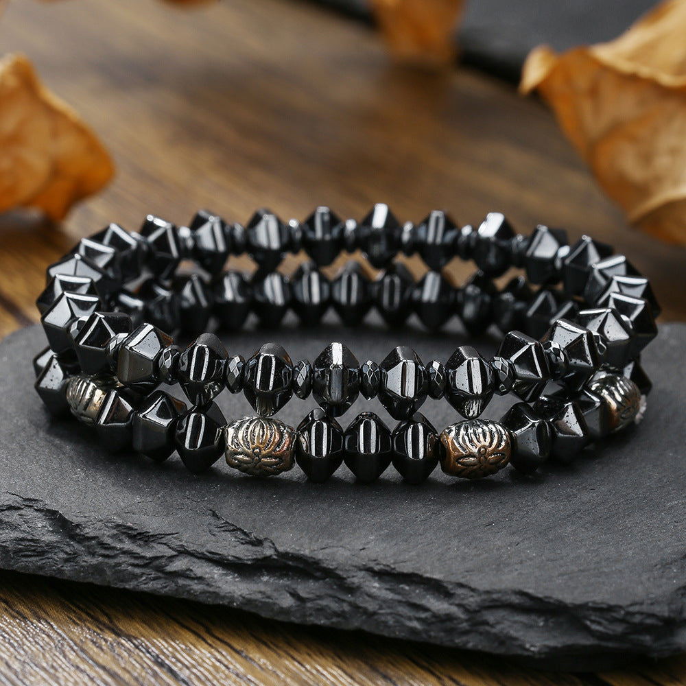 Men's Faceted Hematite and Alloy Beaded Bracelet Set with Geometric Cross Charms