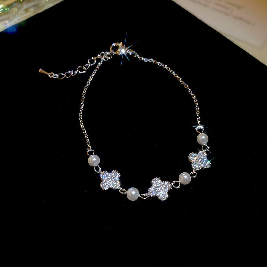 Elegant Geometric Floral Bracelet for Women in Plated Copper with Rhinestone Accents, Minimalist Office Style Hand Jewelry