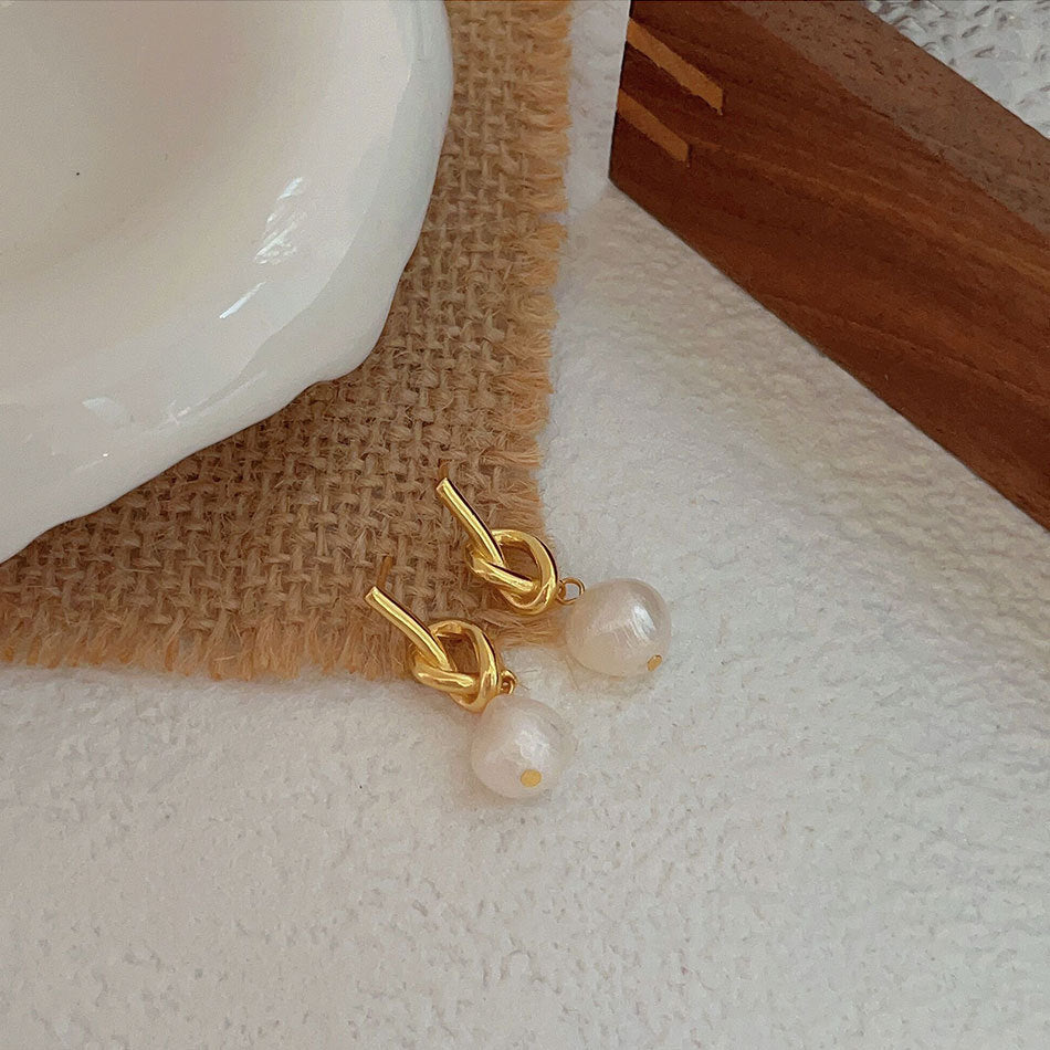 Minimalist Korean-Style 925 Sterling Silver Knot Pearl Stud Earrings with Geometric Beveled Cubic Accent