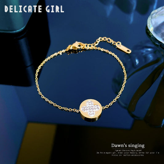 Vintage Style Four-Leaf Clover Shaped Titanium Steel Bracelet with Gold Plating and Rhinestone Inlay for Women