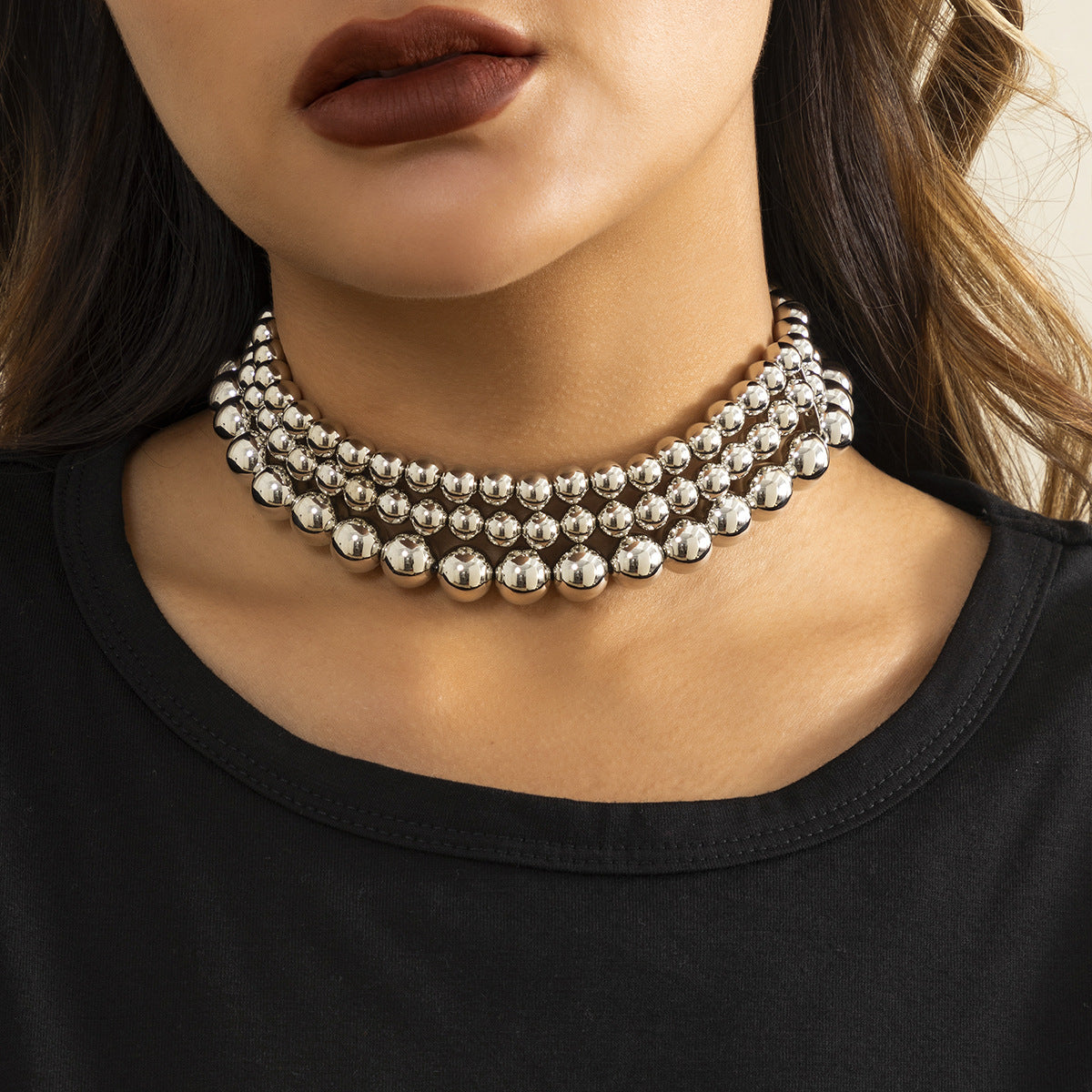 Minimalist Punk Geometric Beaded Multi-Layer Plated Resin Ball Chain Necklace for Women