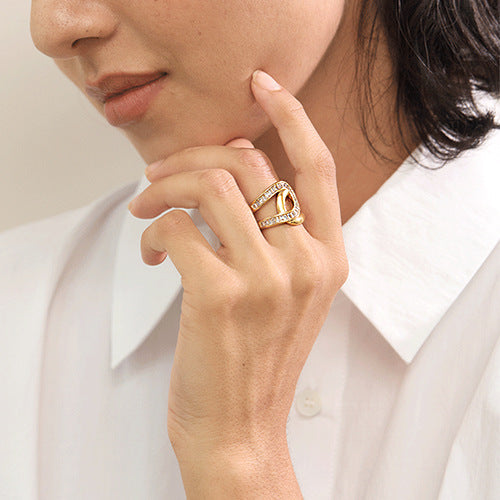 Anello di lusso geometrico con strass in acciaio inossidabile placcato oro 18 carati, gioielli alla moda da donna