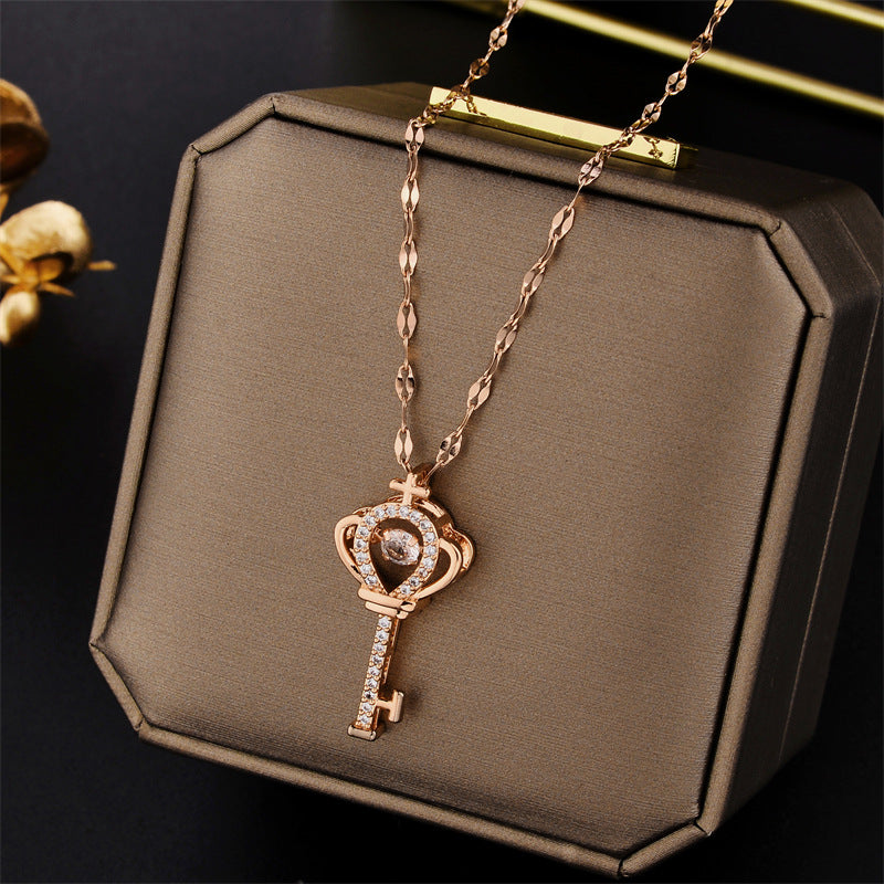 Minimalist Crown-Shaped Titanium Steel Pendant Necklace with Rhinestone Inlay for Women