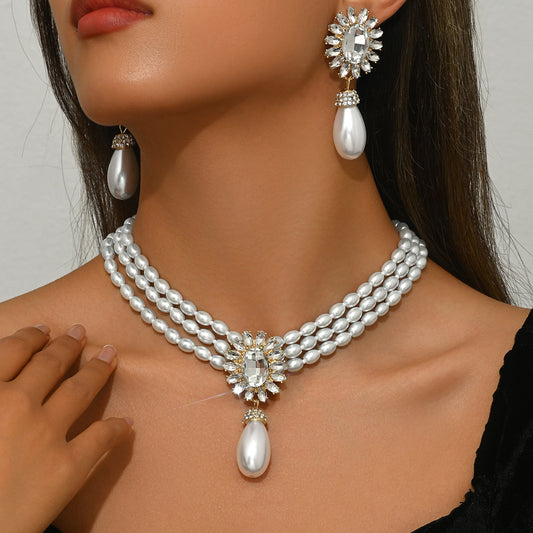 Juego de collar y pendientes de perlas de lujo geométricos para mujer con incrustaciones de cristal, cadena de clavícula de varias capas