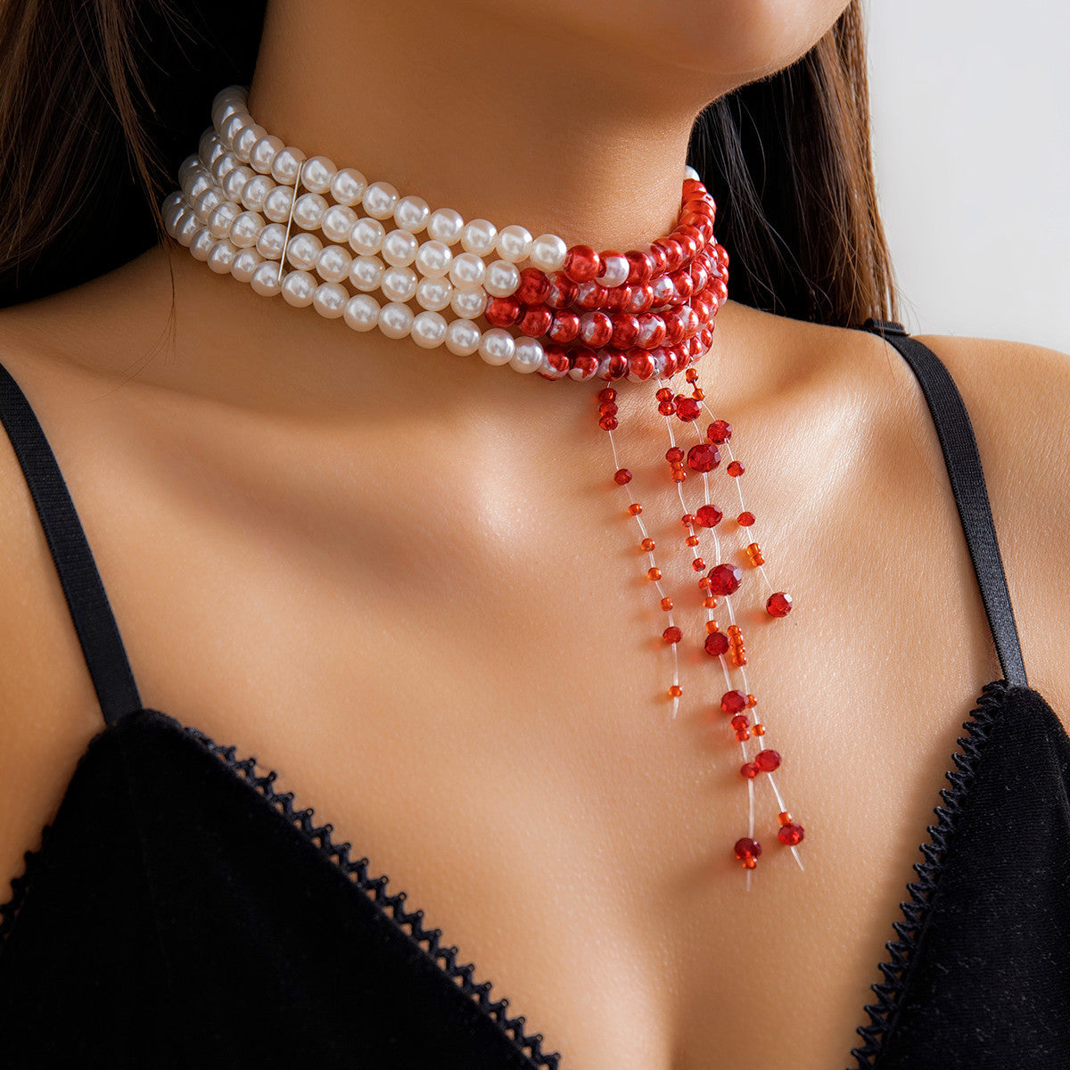 Sweet Gothic Geometric Acrylic and Pearl Beaded Choker Necklace with Tassel for Women