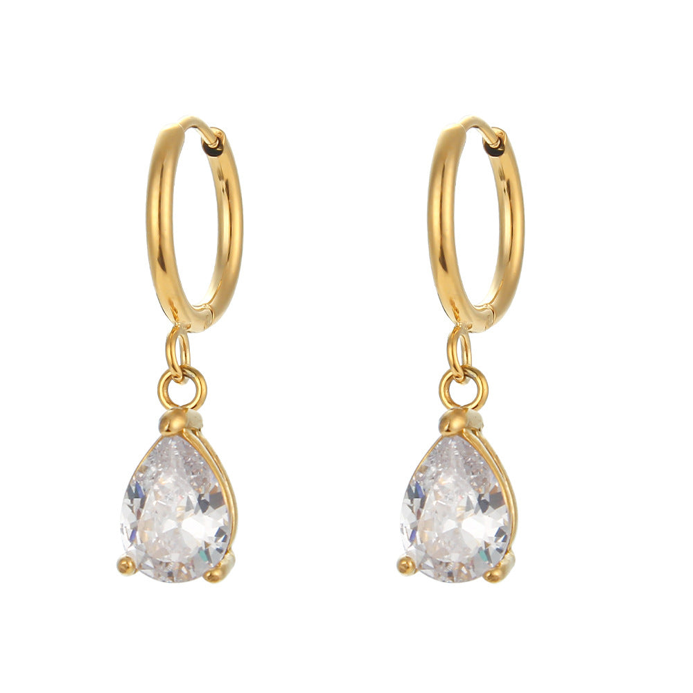 Pendientes geométricos de acero inoxidable a la moda con chapado en oro de 18 quilates y detalles de circonita en forma de lágrima para mujer
