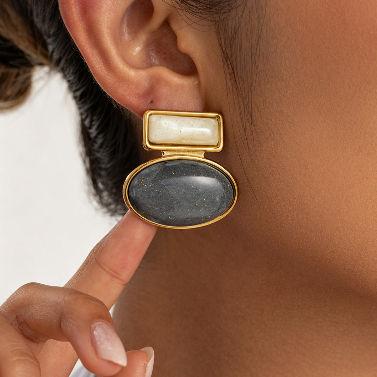 Vintage Geometric Oval Square 18K Gold Plated Stainless Steel Resin Gemstone Earrings for Women