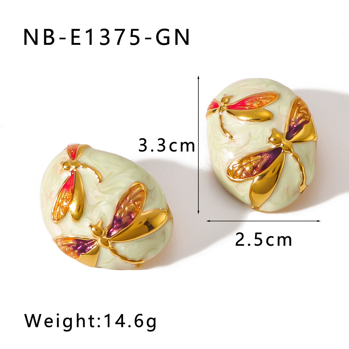 Minimalist Asymmetrical Oval Stainless Steel Earrings with Enamel Dragonfly Pattern and 18K Gold Plating for Women