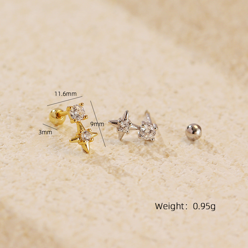 Minimalist 925 Sterling Silver Geometric Star Stud Earrings with Rhinestone Inlay