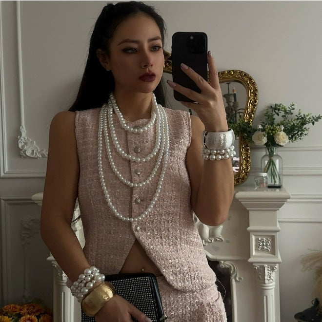 Elegant Multi-Layer Imitation Pearl Beaded Tassel Necklace for Women