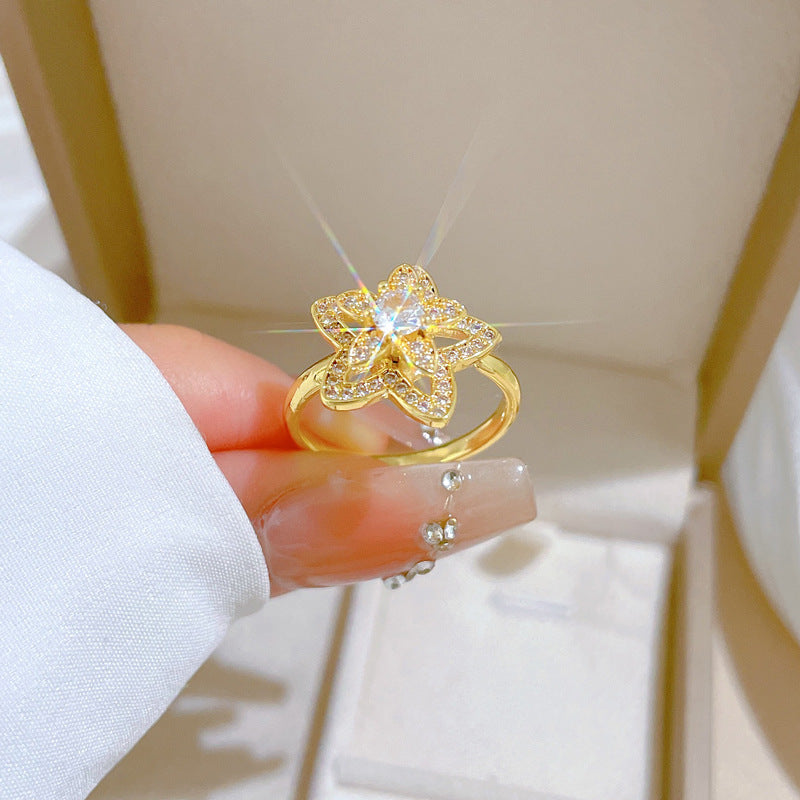 Minimalist Sweet Gold Plated Brass Floral Rotatable Adjustable Ring for Women and Couples