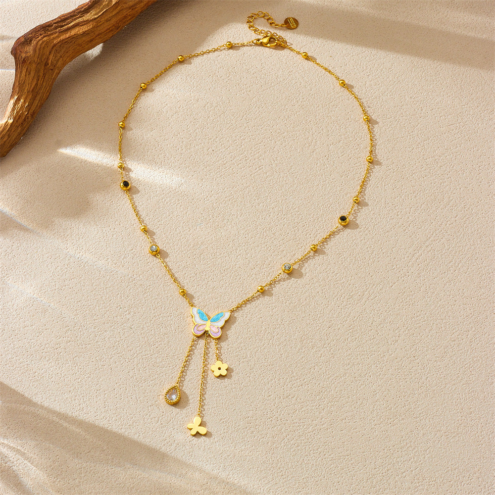 Fashionable Butterfly-Shaped Enamel Pendant Necklace with Stainless Steel Chain and Fringe Detail for Women