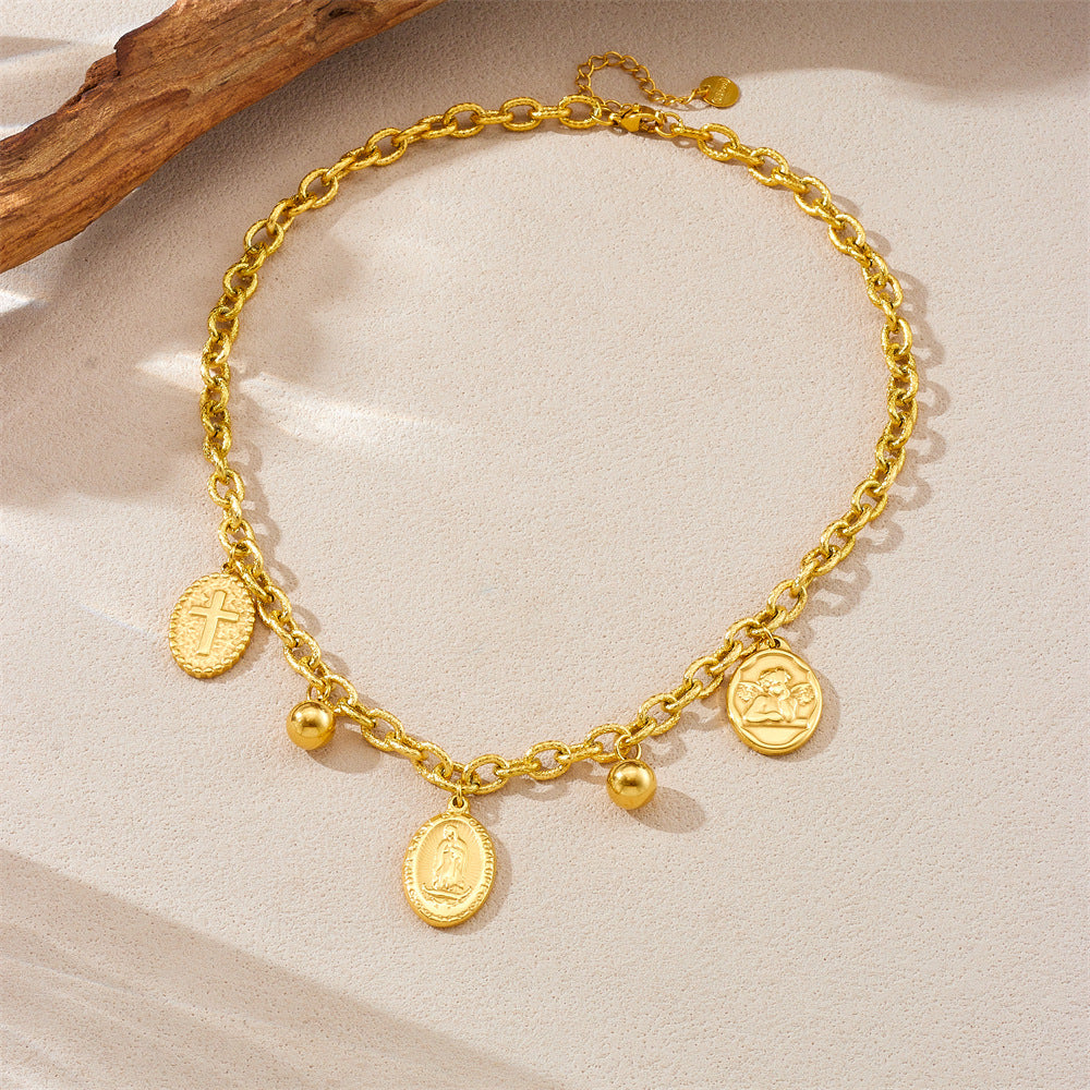 Vintage Oval Portrait Coin Pendant Necklace Set in Stainless Steel with Gold Plating for Women