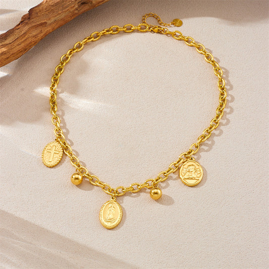 Vintage Oval Portrait Coin Pendant Necklace Set in Stainless Steel with Gold Plating for Women
