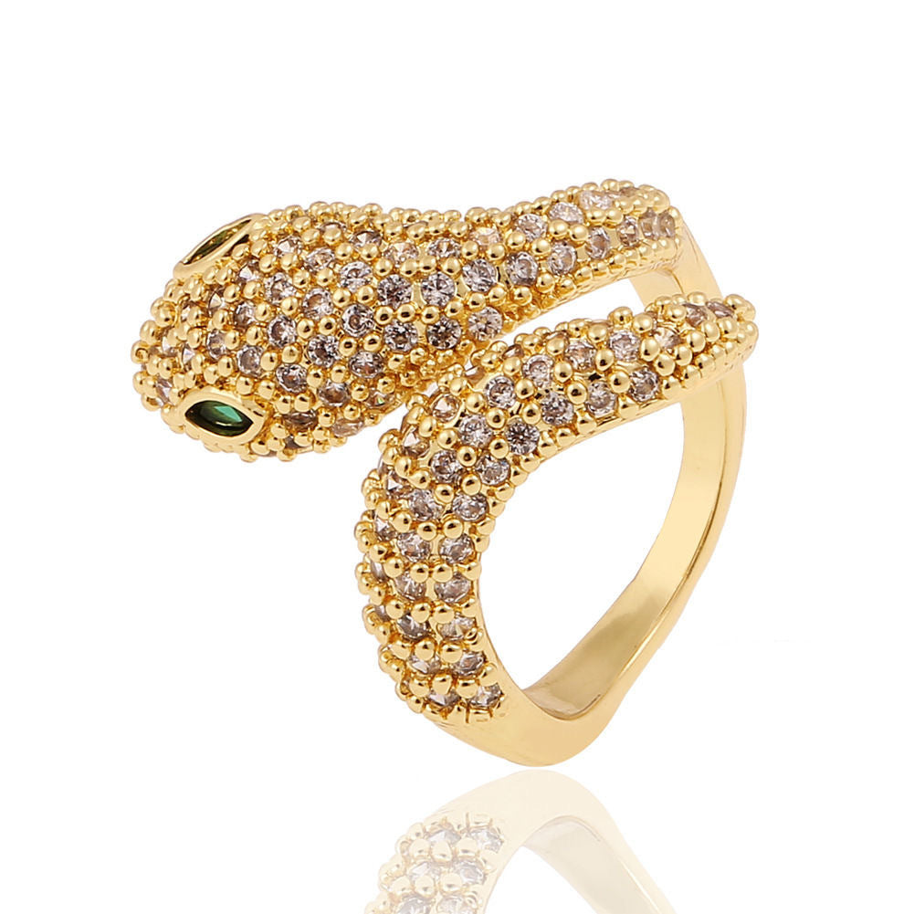 Elegant Snake-Shaped Open Ring with Zirconia Green Eyes in Alloy with Plated Finish for Women
