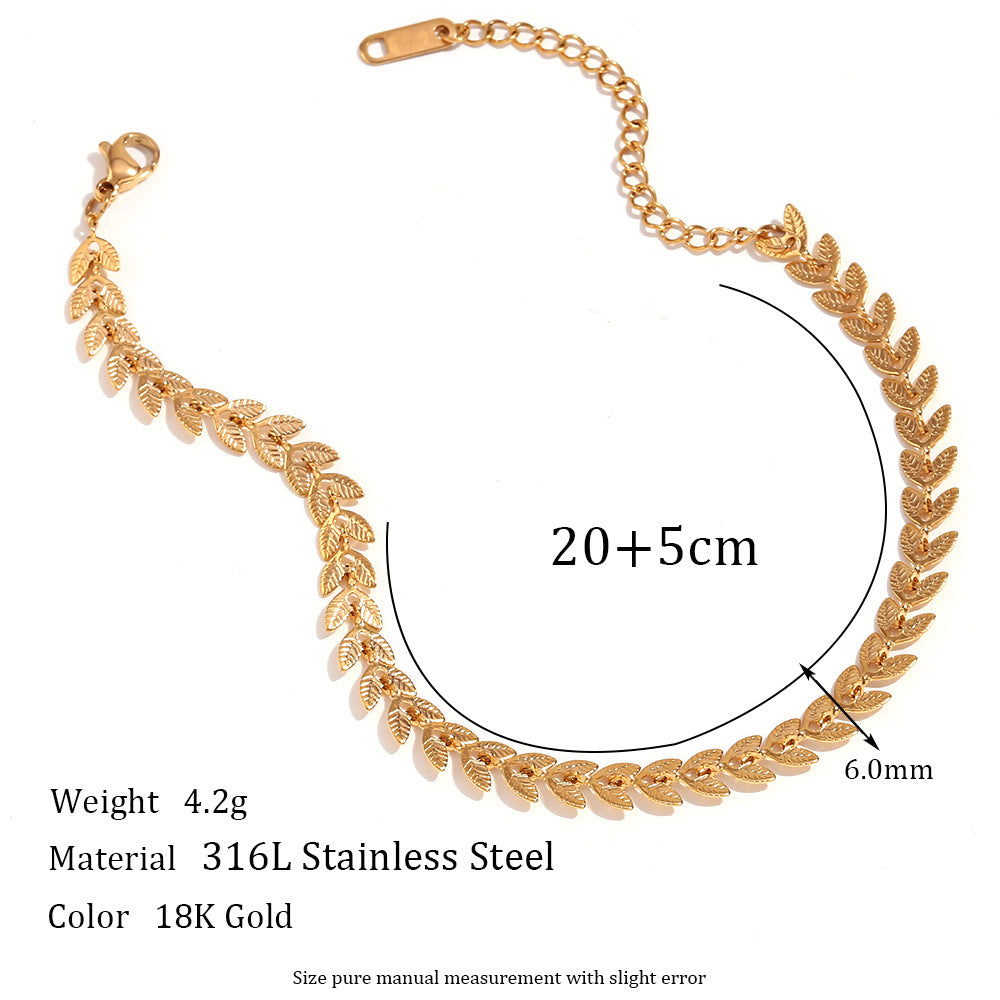 Minimalist Geometric Titanium Steel Bracelet and Anklet Set with 18K Gold Plated Leaf Pendant on Stainless Steel Chain