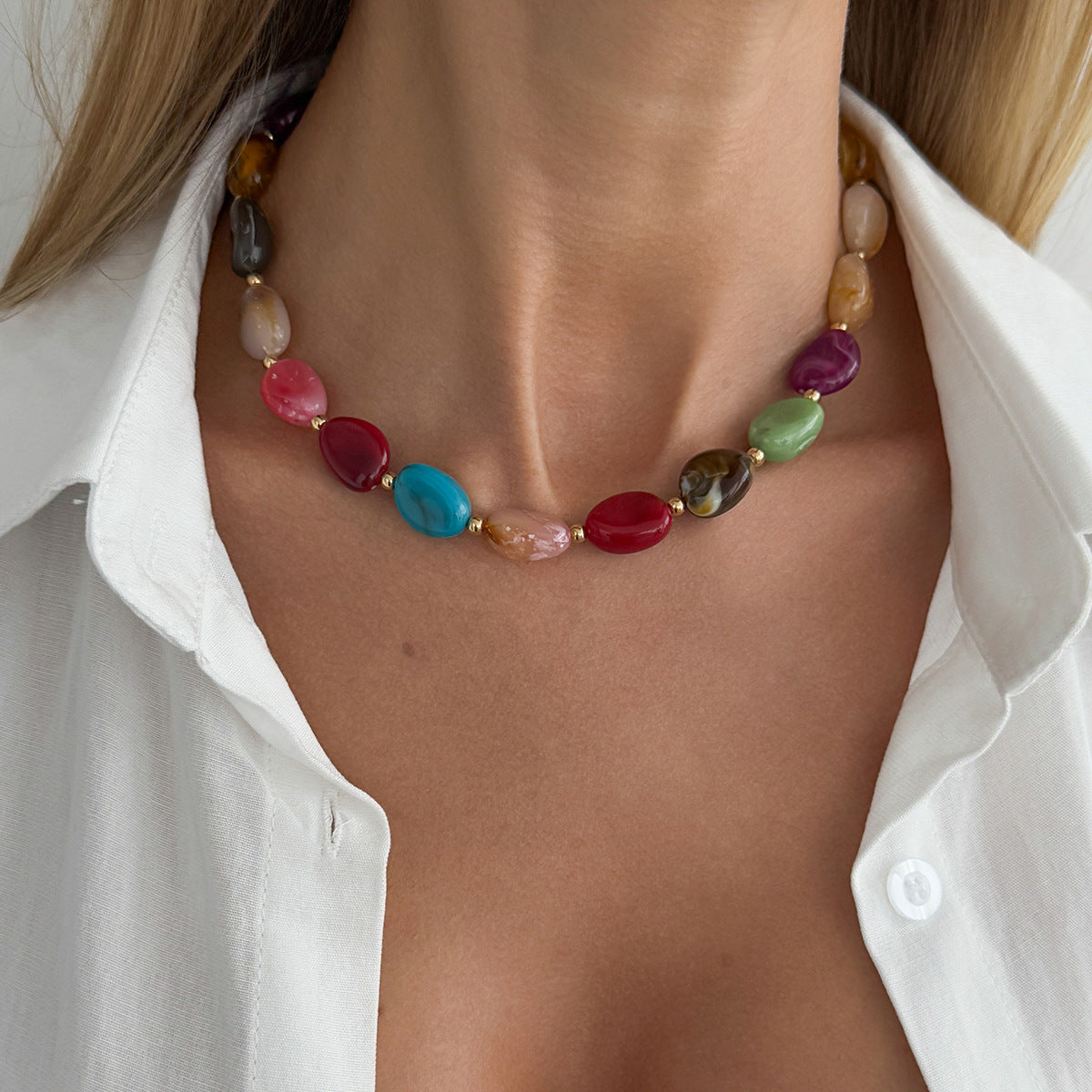 Vintage Geometric Oval Resin and Imitation Pearl Beaded Necklace for Women