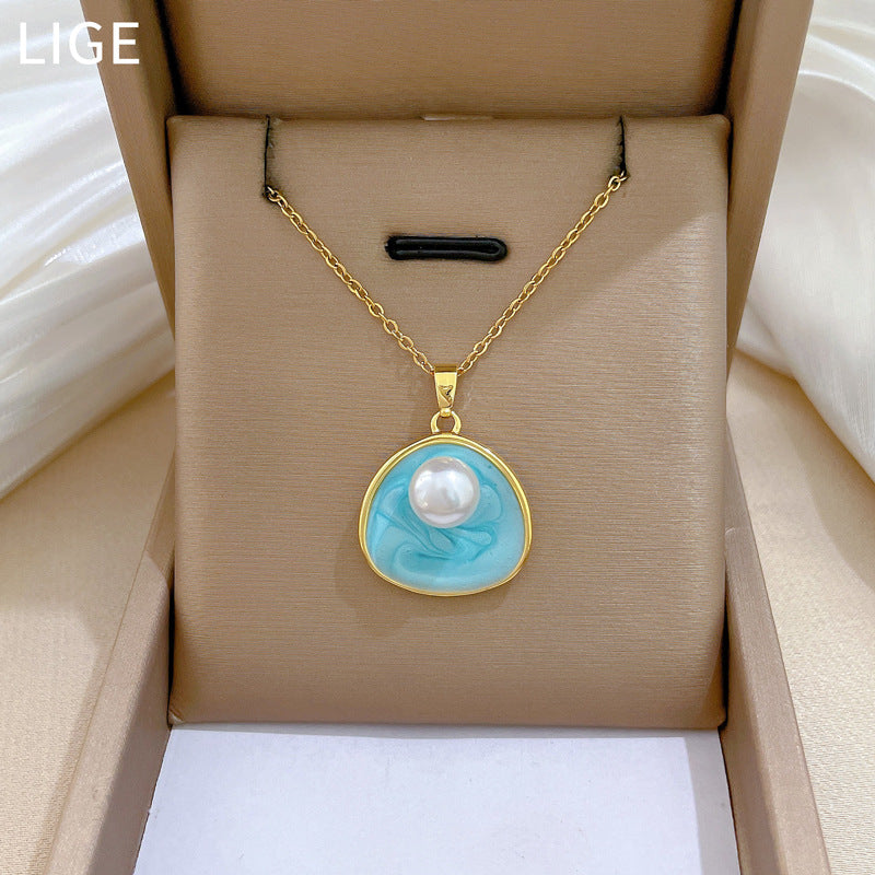 Collar minimalista con colgante de perla de acero de titanio con esmalte para mujer, delicada cadena de clavícula con forma de animal del zodiaco y patrón de estrella