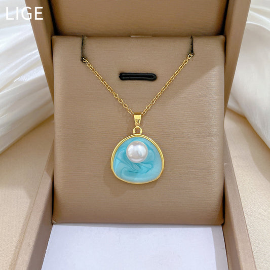 Collar minimalista con colgante de perla de acero de titanio con esmalte para mujer, delicada cadena de clavícula con forma de animal del zodiaco y patrón de estrella