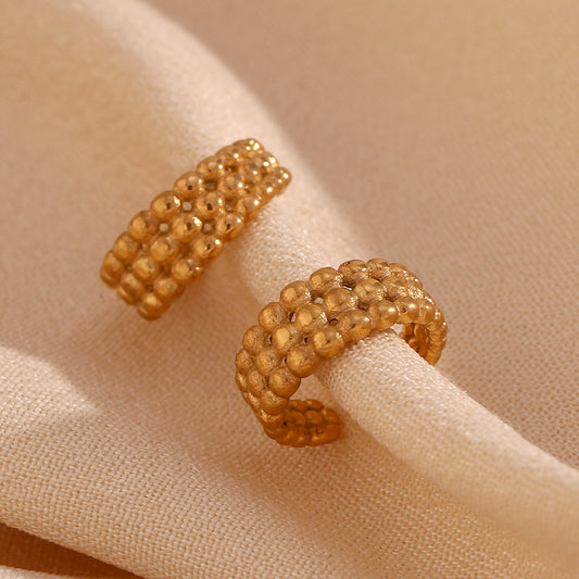 Fashion OL Geometric C-Shaped Stainless Steel 18K Gold Plated Three-Row Beaded Clip-On Earrings for Women