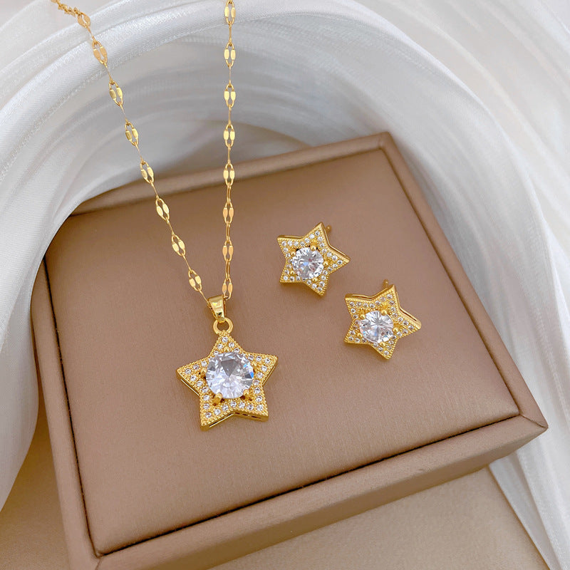 Minimalist Star-Shaped Titanium Steel Plated Necklace Earrings Ring Set with Cubic Zirconia for Women