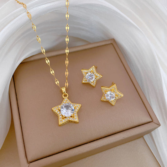 Minimalist Star-Shaped Titanium Steel Plated Necklace Earrings Ring Set with Cubic Zirconia for Women