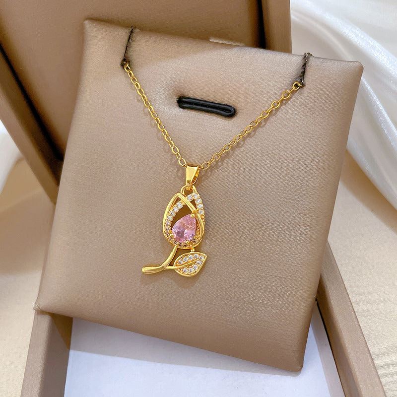 Sweet Luxury Pink Tulip Rhinestone Pendant Necklace Titanium Steel Chain for Women and Men