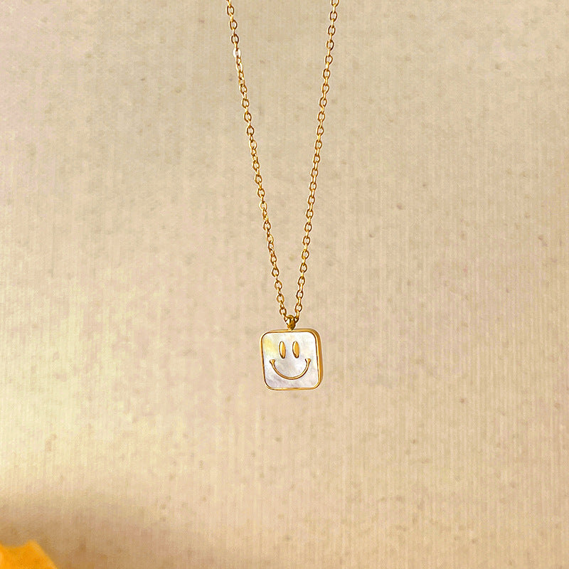 Minimalist Square Shell Smile Pendant Necklace for Women Titanium Steel with Gold Plating Locket Chain