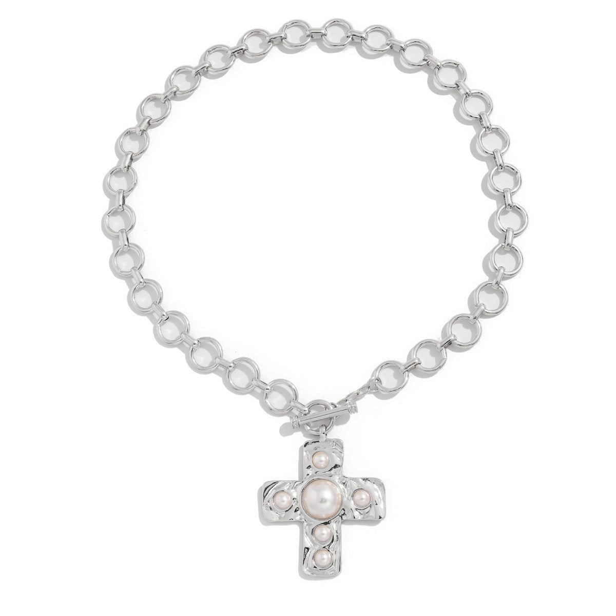 Punk Cross Alloy Pendant Necklace with Pearl Inlay Plated Chain for Women