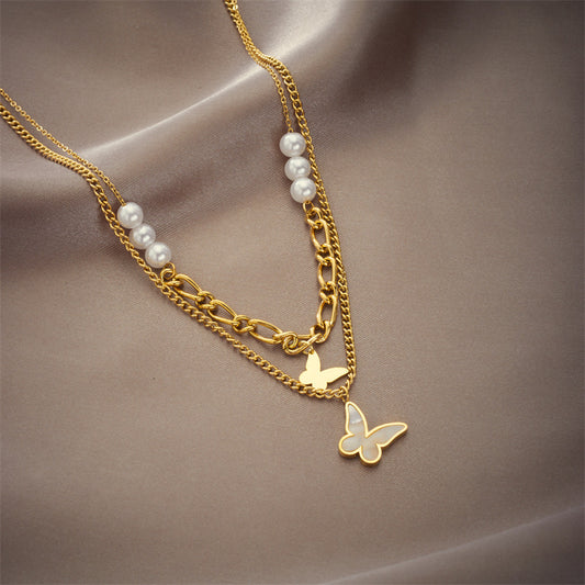Collana da donna in acciaio al titanio con ciondolo a farfalla con perline irregolari a doppio strato in stile vintage