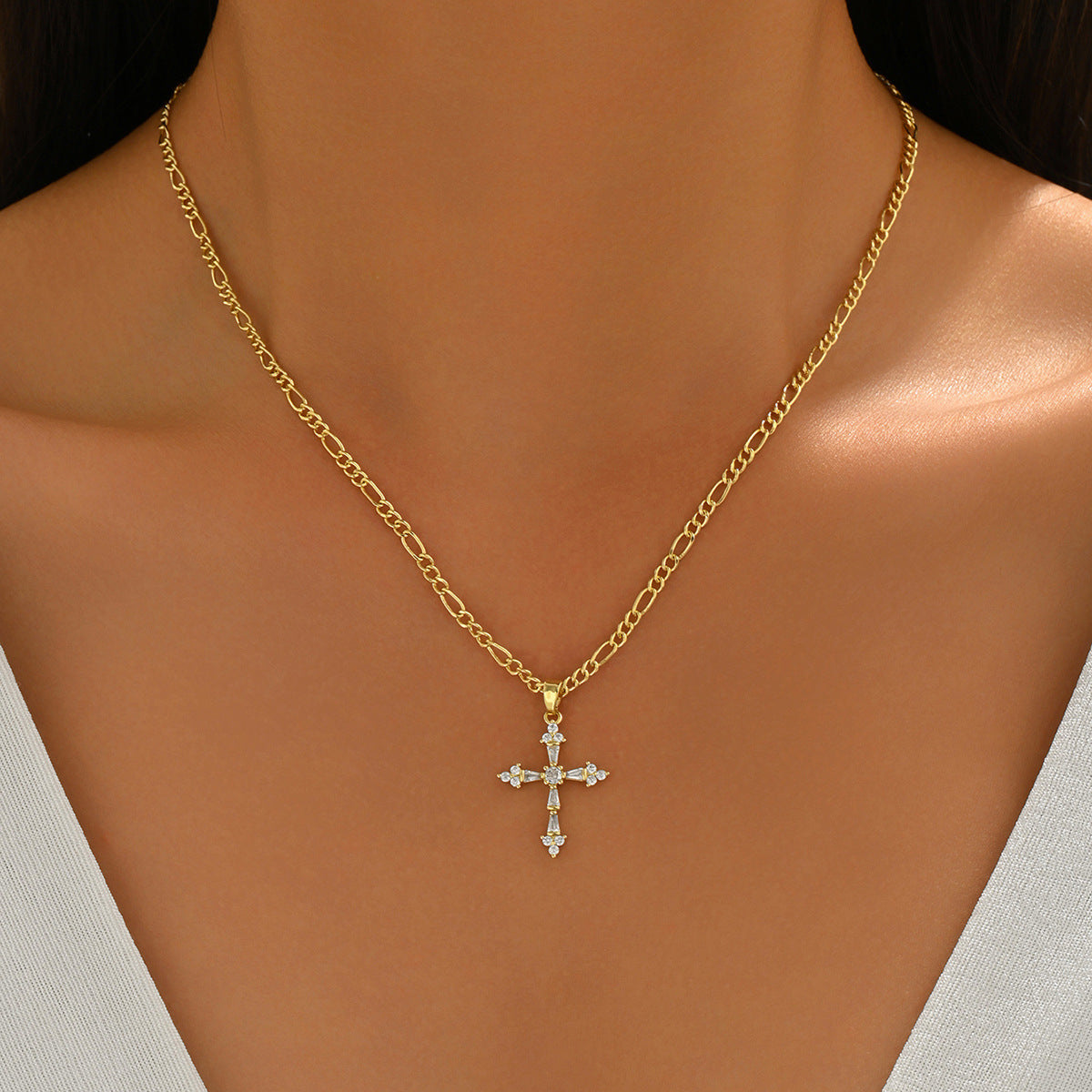 Geometric Cross Cubic Zirconia Inlay Gold Plated Brass Necklace for Women