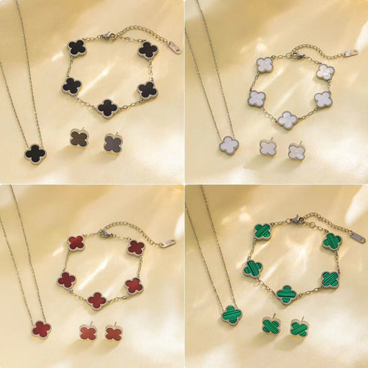 Conjunto de collar, pulsera y pendientes de trébol de la suerte minimalista de acero de titanio para mujer