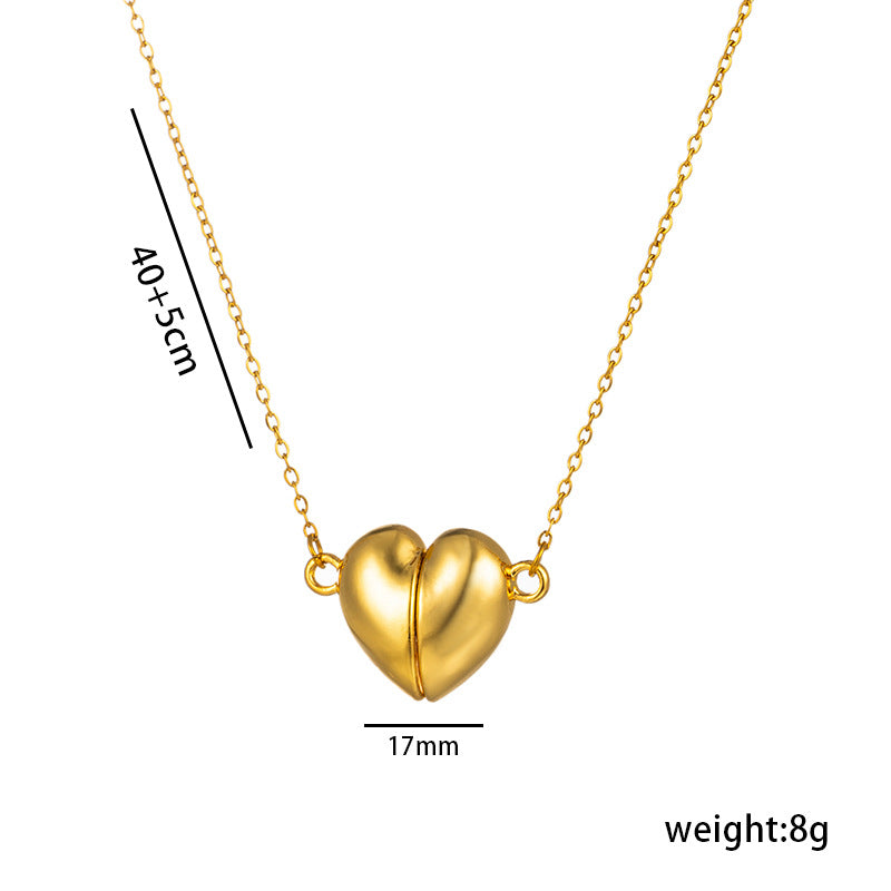 Light Luxury 18K Gold Plated Titanium Steel Heart Pendant Necklace with Magnetic Clasp O-Chain for Women