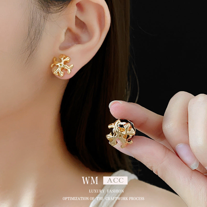 Vintage Floral Geometric Gold-Plated Copper Stud Earrings with Steel Posts for Women
