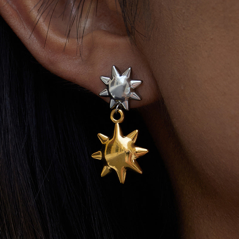Aretes Colgantes de Sol Geométricos Minimalistas en Acero de Titanio con Galvanoplastia para Mujer
