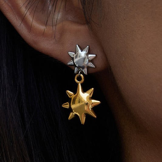 Aretes Colgantes de Sol Geométricos Minimalistas en Acero de Titanio con Galvanoplastia para Mujer