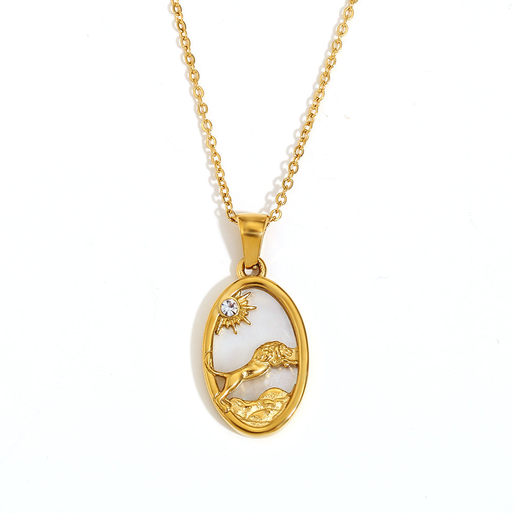 Geometric Zodiac Pendant Necklace for Women Stainless Steel with 18K Gold Plating and Rhinestone Accents