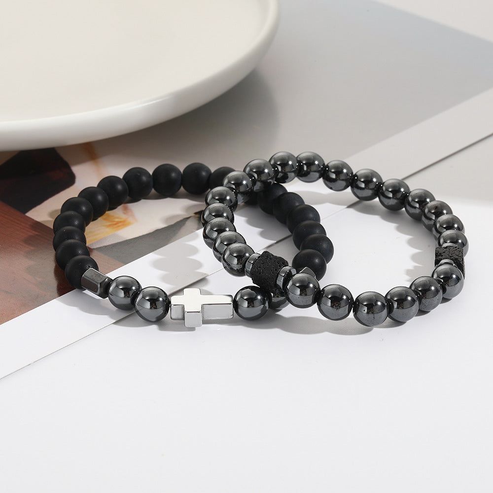 Matte Black Hematite Beaded Cross Bracelet Set