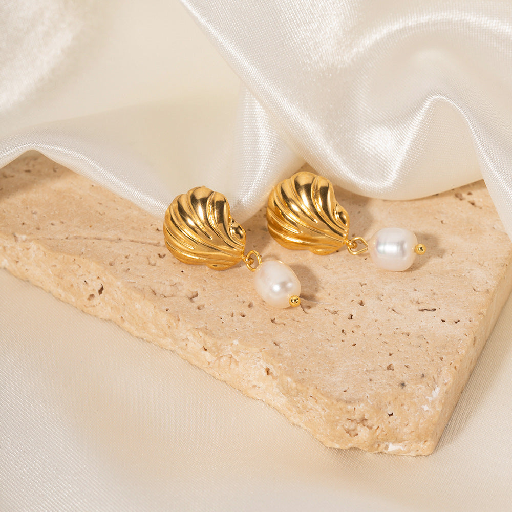 Pendientes geométricos de acero inoxidable con baño de oro y colgante de perla de agua dulce para mujer
