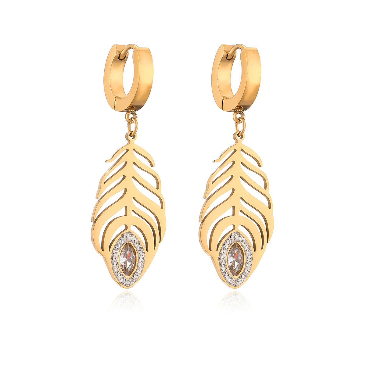 Vintage-Style Feather-Shaped Titanium Steel Earrings for Women with Real Gold Plating and Zircon Inlay