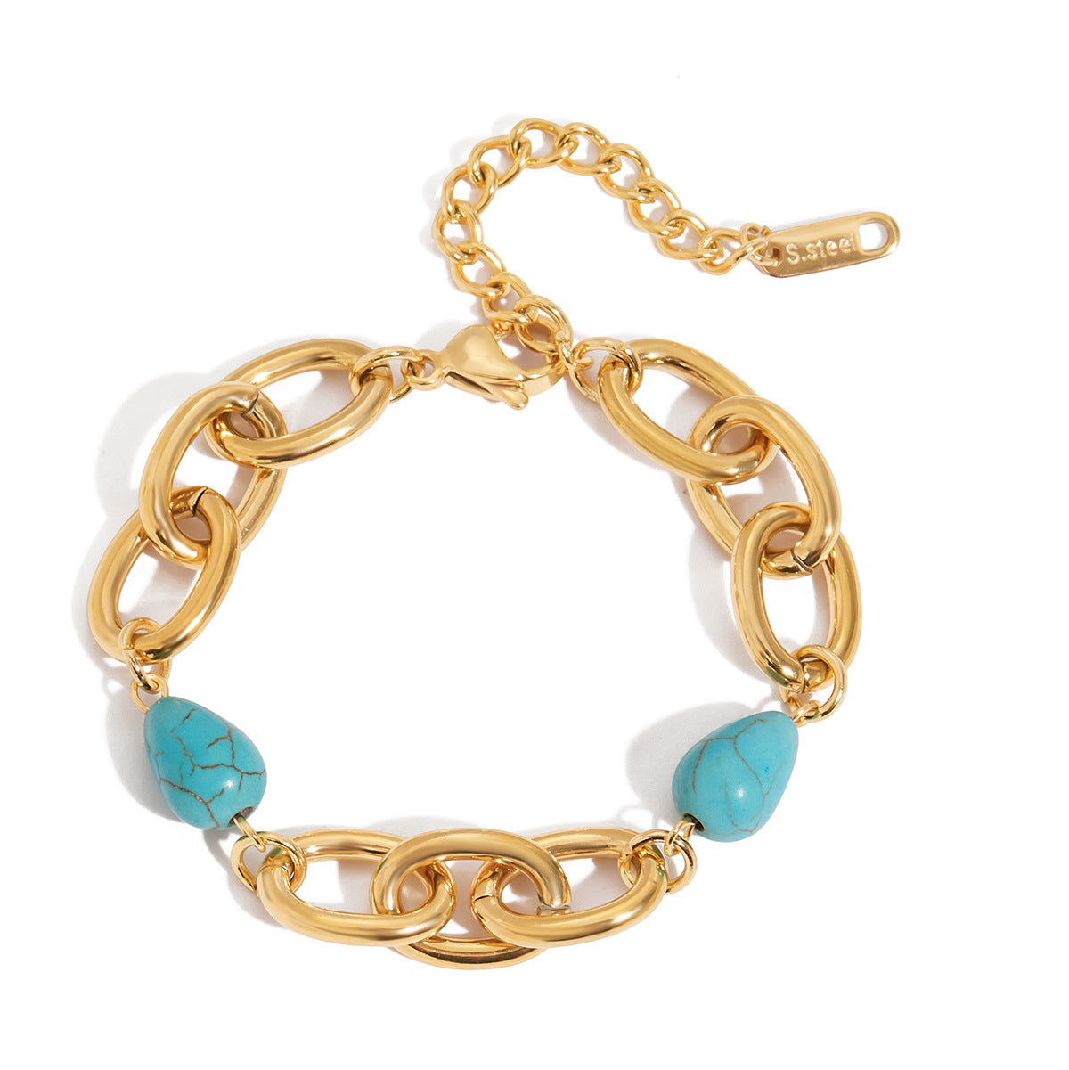 Pulsera geométrica de acero inoxidable chapado para mujer con detalles de turquesa, joyería de lujo minimalista