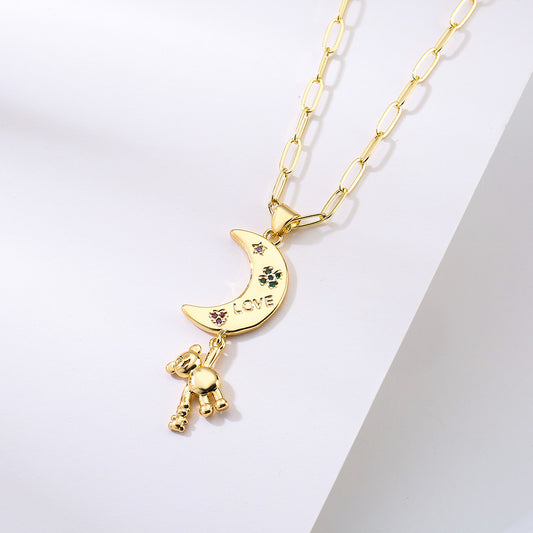 Collar Colgante Minimalista de Oso Lunar para Mujer con Base de Cobre Bañado en Oro Real e Incrustaciones de Circones