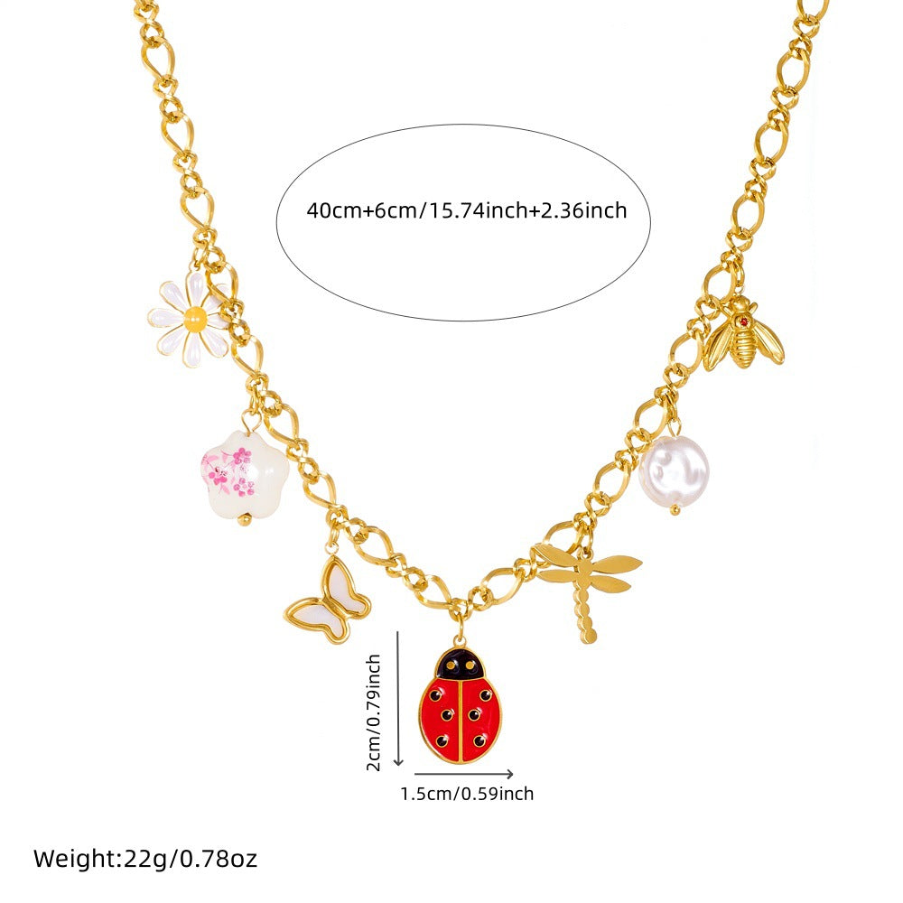 Sweet Cartoon Stainless Steel Drip Oil Insect Dragonfly Ladybug Jewelry Set with Cable Chain