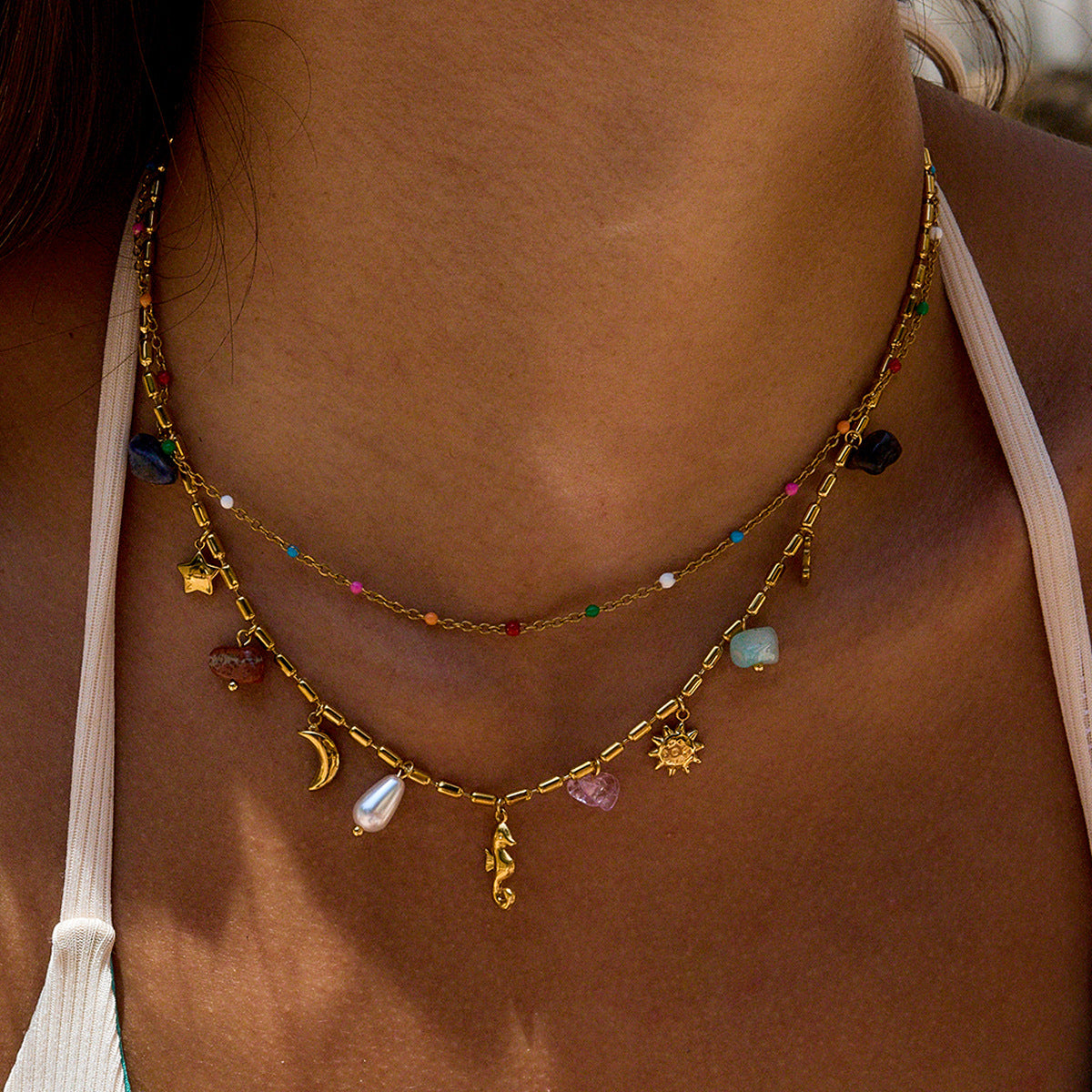 Collana Geometrica in Acciaio Titanio e Perle con Finitura Placcata per Donna, Elegante Catena per Clavicola