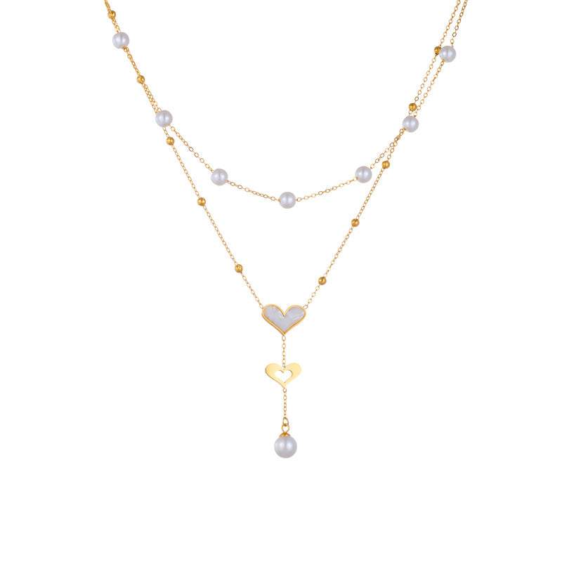 Vintage-Style Double-Layer Pendant Necklace with Pearl and Butterfly Charm, Stainless Steel Chain with Tassel Accents and Plated Finish