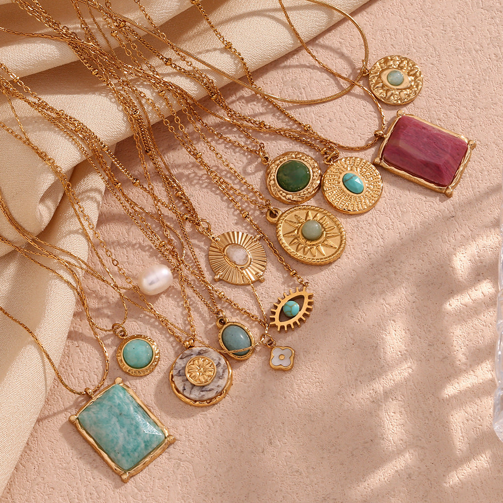 Vintage Palace Style Geometric Stainless Steel 18K Gold Plated Necklace for Women with Natural Stone and Shell Pendant