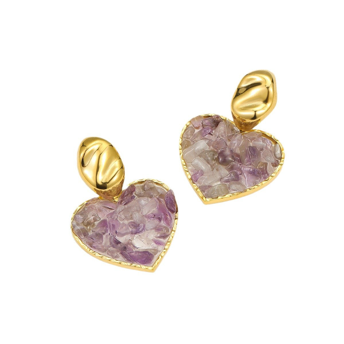 Fashionable Minimalist Heart-Shaped Natural Stone Inlaid Stainless Steel Earrings with 18K Gold Plating