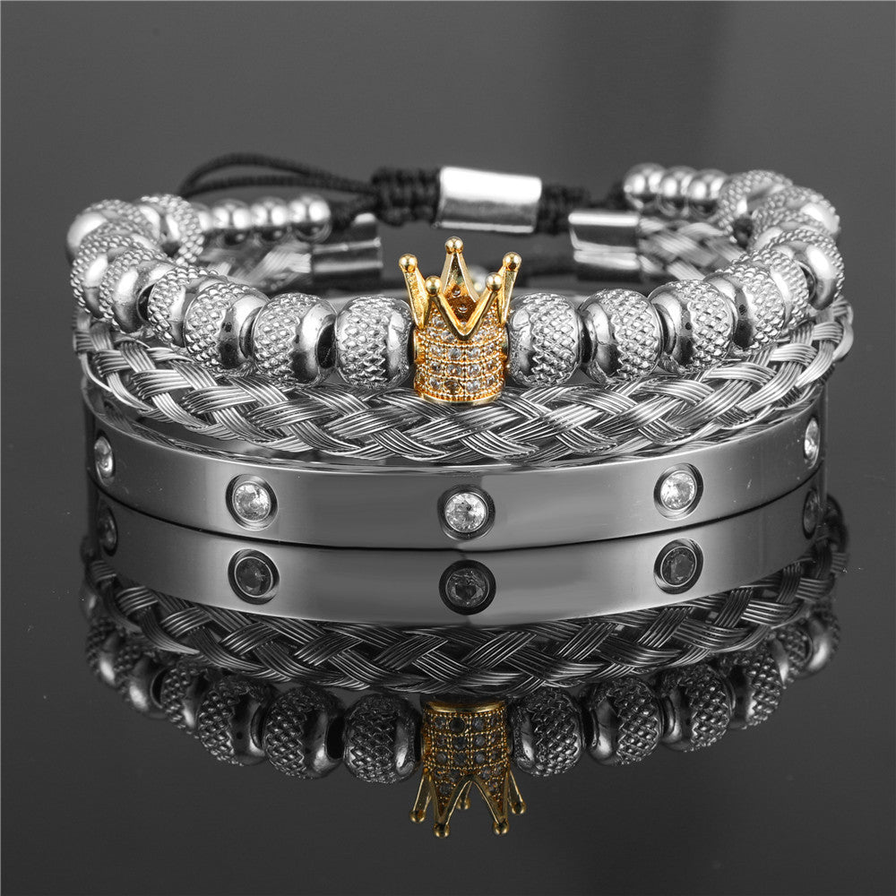 Personalized Double Leopard Head Black Agate Micro-set Cubic Zirconia Brass Stainless Steel Bracelet Set